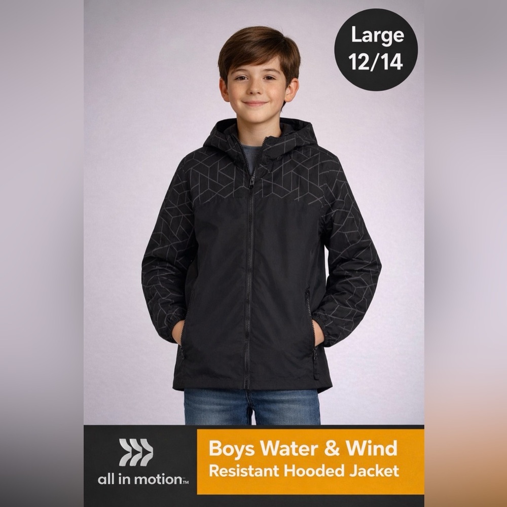 All In Motion Boys size L 12/14 Water Wind Resistant Hooded Jacket(A484)✨